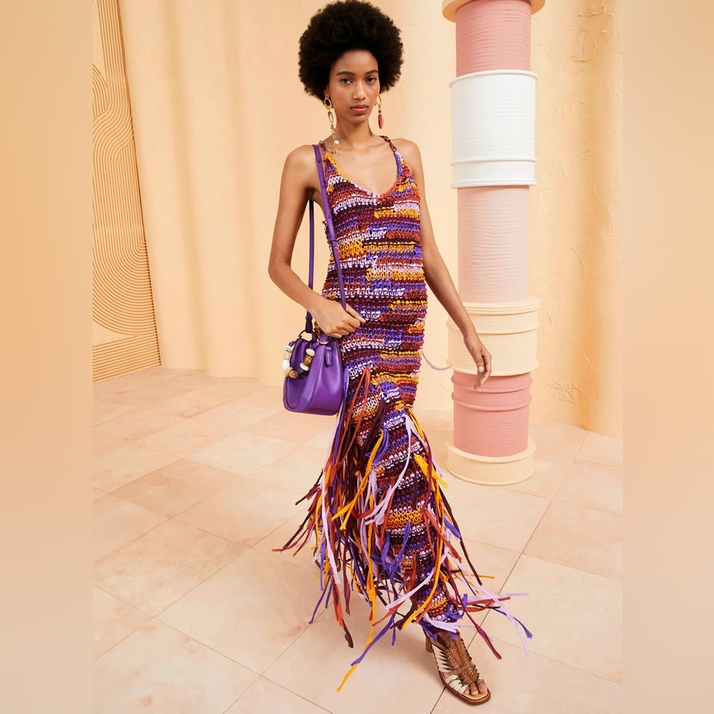 ULLA JOHNSON Emmalina Crochet Fringe Cotton & Silk Maxi Dress in Violet Orange - Picture 2 of 14